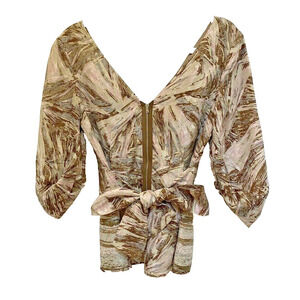 BCBG MaxAzria Silk Top Tan Watercolor Print 3/4 sleeves v-neck tieback dressy S